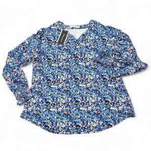 Fantaslook Blue Floral Print Long Sleeve V-Neck Blouse Size L NWT